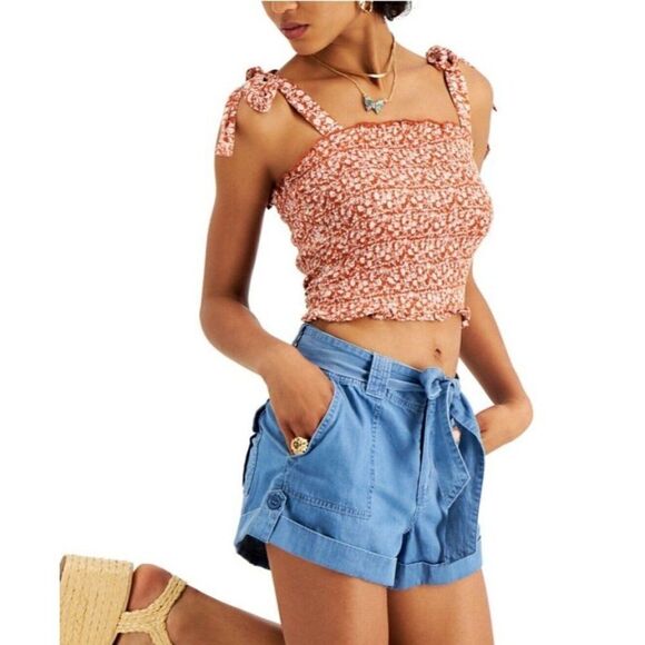 Dizzy Lizzy Smocked Crop Top Women's XL Rust‎ Orange White Floral Tie-Straps NEW - Picture 11 of 11